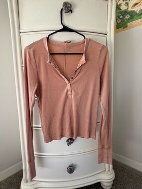 aerie Rose-Quartz Ribbed Snap Henley Long Sleeve Top
